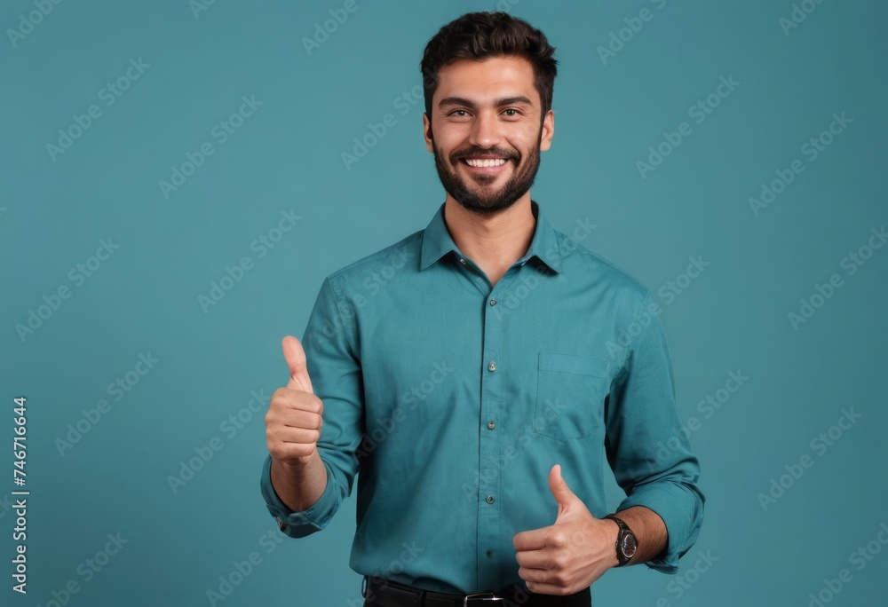 A cheerful man in a teal shirt giving thumbs up with a bright, welcoming smile. - obrazy, fototapety, plakaty 