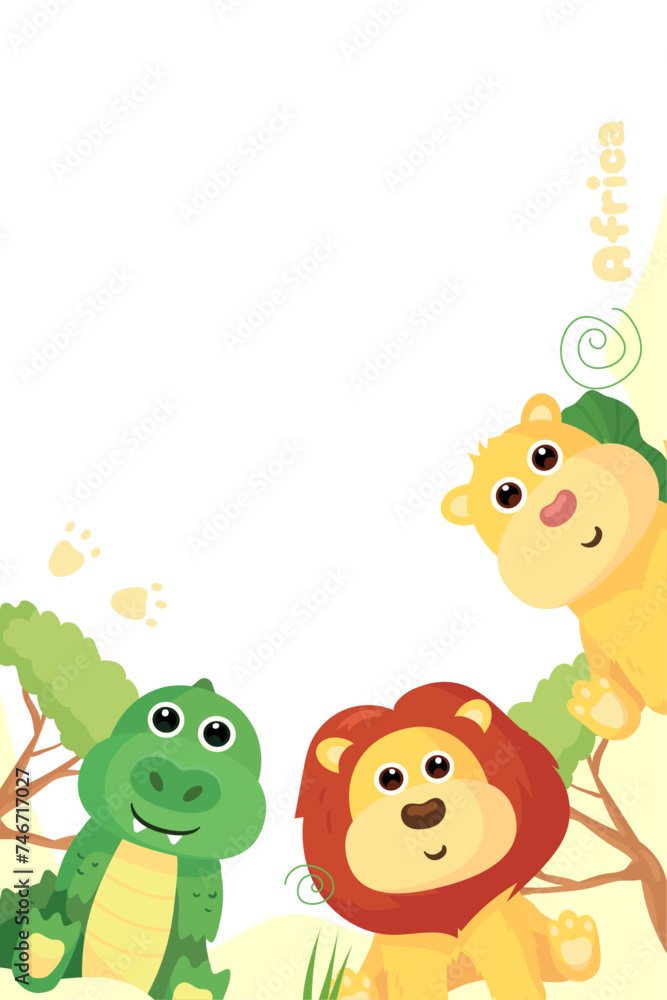 Naklejka premium Frame and postcards with cute African animals: giraffe, crocodile, hippo, elephant, lion, monkey, zebra,tiger and rhinoceros. A banner with these animals and a frame for text or photos.