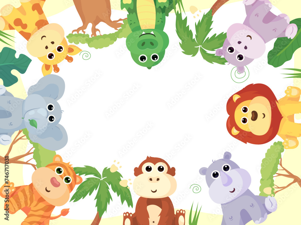 Naklejka premium Frame and postcards with cute African animals: giraffe, crocodile, hippo, elephant, lion, monkey, zebra,tiger and rhinoceros. A banner with these animals and a frame for text or photos.