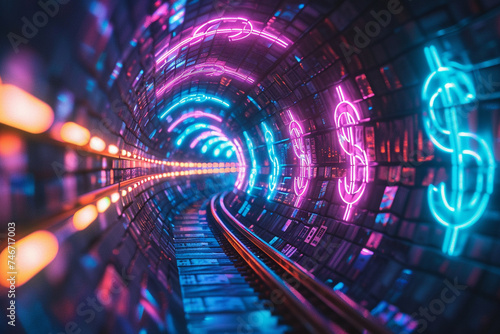 An abstract digital tunnel glowing with neon lights currency symbols floating towards the viewer photo