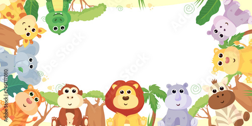 Frame and postcards with cute African animals: giraffe, crocodile, hippo, elephant, lion, monkey, zebra,tiger and rhinoceros. A banner with these animals and a frame for text or photos.