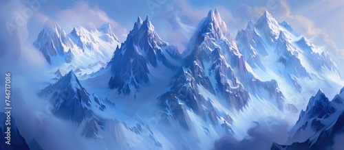 This painting depicts a majestic snowy mountain range with enormous pointed peaks capped with ice. The scene conveys a sense of grandeur and harsh winter conditions.