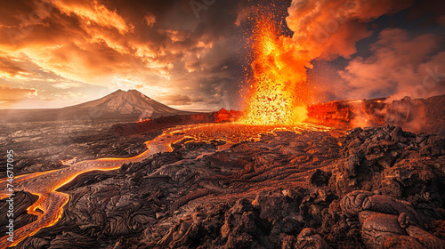 An intense moment capturing a volcanic eruption with the surrounding terrain fracturing under the pressure