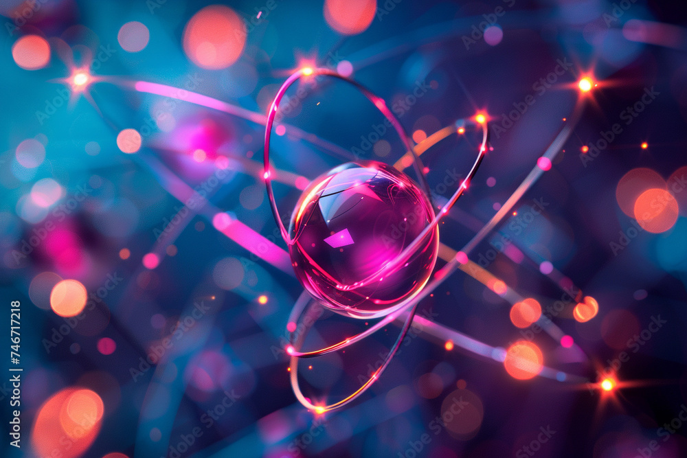 Fototapeta premium Vivid atomic structures intertwine with abstract patterns glowing neon against a dark backdrop