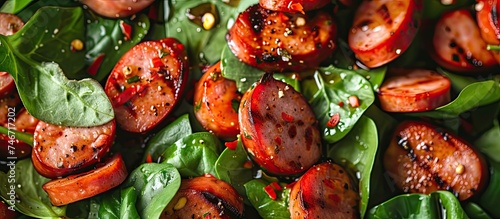 A close-up view of a delectable dish featuring sliced sausage, crisp salad leaves, and a burst of flavor with spinach leaves mixed in for a healthy touch.
