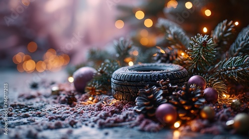 christmas tire and christmas gifts on a purple background, in the style of traumacore, sleek metallic finish, stark visuals, performance-oriented, tyler walpole, nature-inspired motifs, light gray and © Smilego