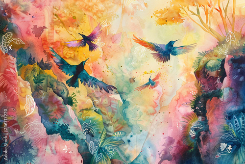 Vibrant watercolor celebration of diversity with winged figures soaring over a lush hidden valley