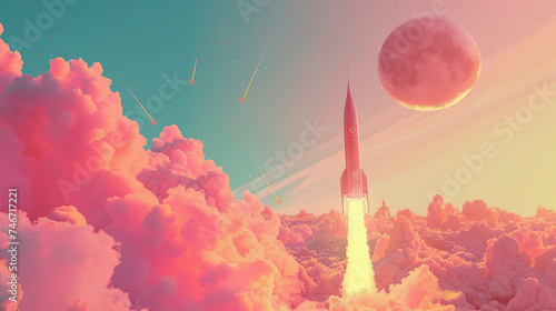 Rocket ascending through cotton-candy clouds towards a surreal moon in a dreamy pastel skyscape