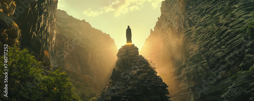 A man or a medieval monk or a pilgrim. A ceremonial, religious, or mysterious sacred place photo