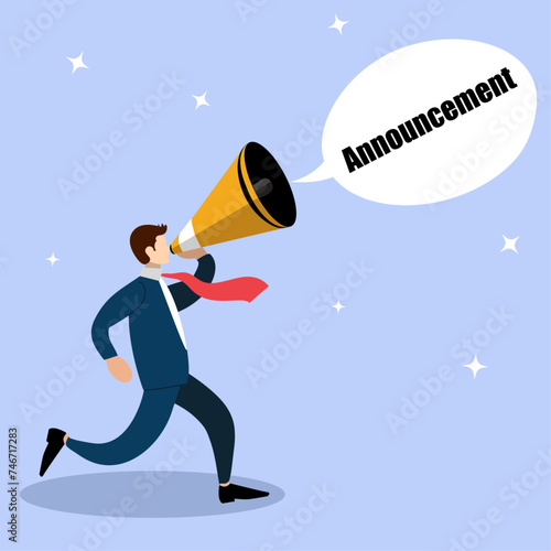 Character with bullhorn or megaphone with an announcement, company sale or employing concept, Business important announcement concept