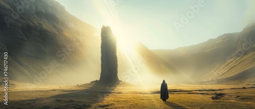 A man or a monk or a pilgrim next to a surreal mystical black stone or a giant sculpture in a valley among the mountains in a minimalist style. A ceremonial, religious, or mysterious sacred place