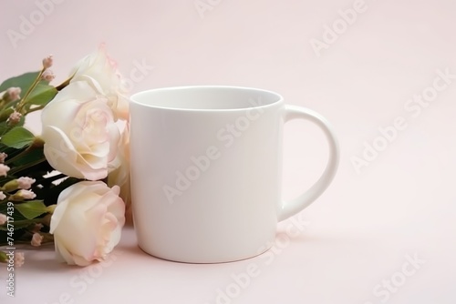 A blank white coffee mug next to white roses on a pale background. Minimalist White Coffee Mug with Roses