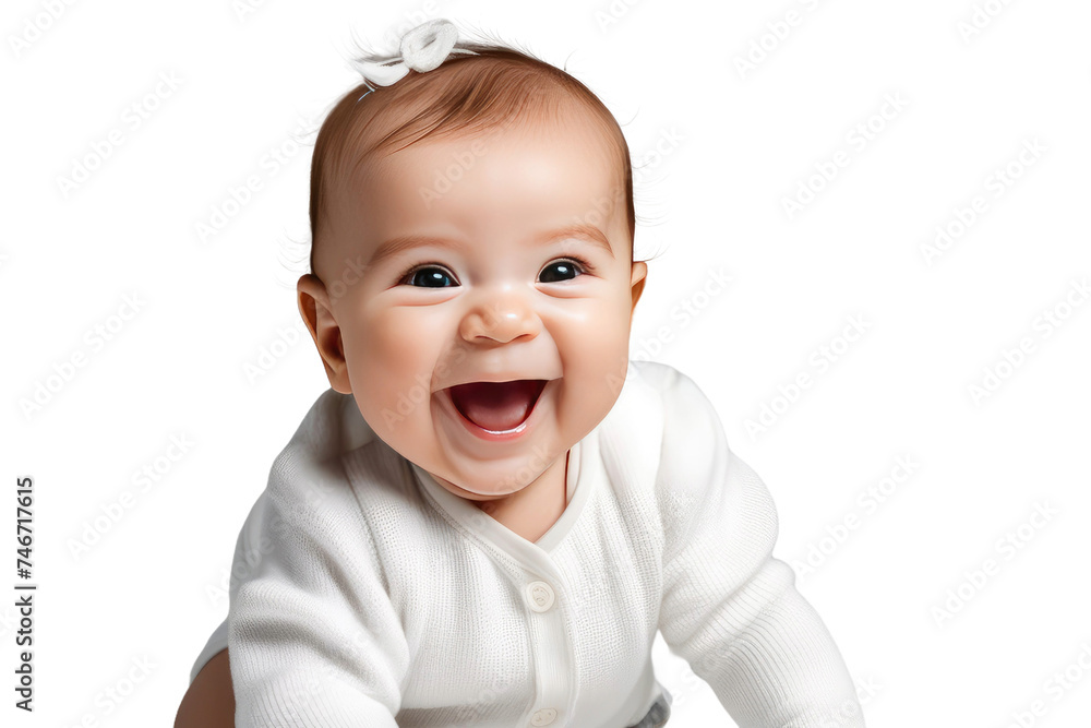a high quality stock photograph of a happy baby laughs and screams with joy isolated on white or transparant background