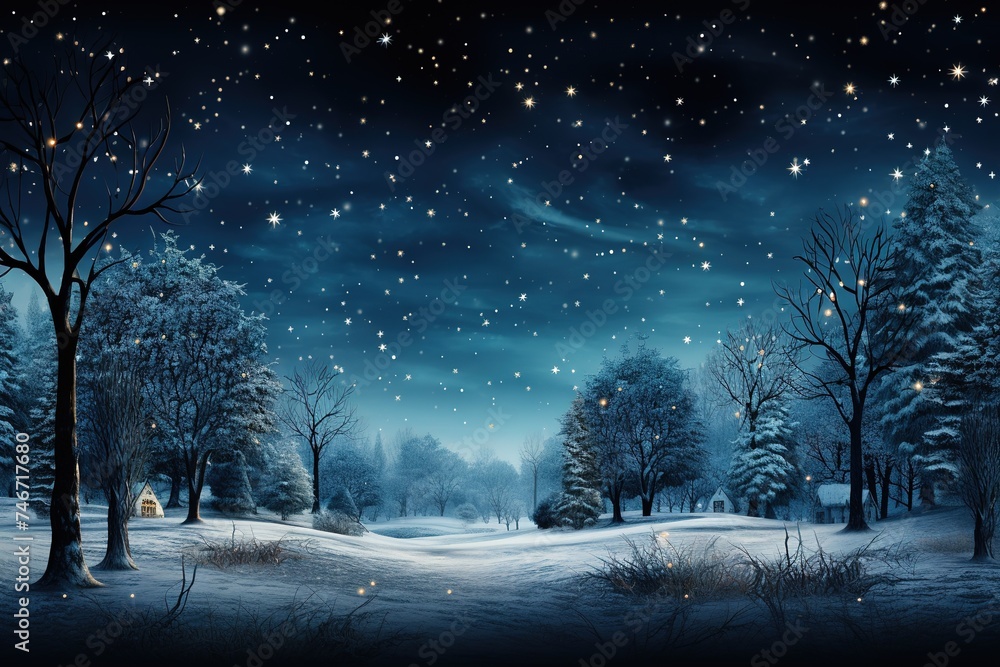 christmas village background winter snow cover, dark white and blue - obrazy, fototapety, plakaty 