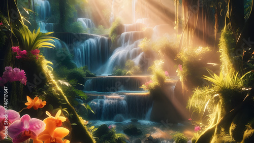 Enchanting Rainforest Cascade: Hidden Waterfall Amidst Blooming Orchids