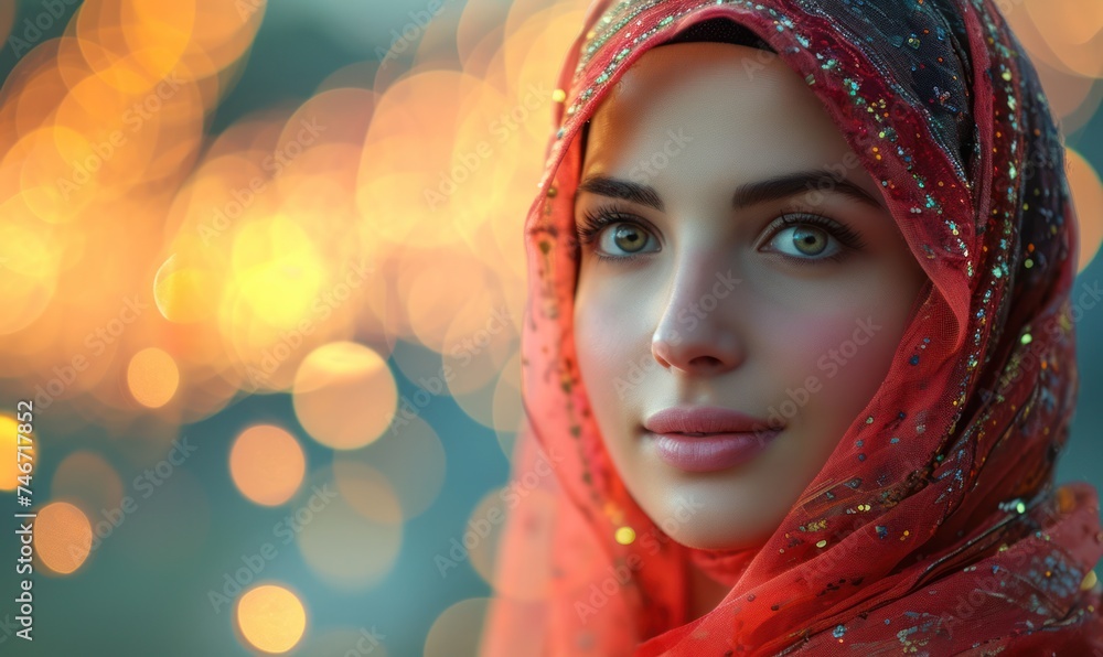 A beautiful Muslim girl in a hijab on a blurred background in close-up. A banner with a place for text. A beautiful Muslim girl in a hijab on a blurred background in close-up. A banner with a place for text.