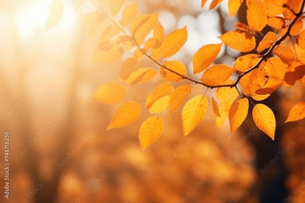 Close-up of a branch with bright yellow and orange autumn leaves against a blurred forest background. Golden Autumn Foliage on Branch