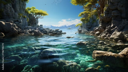 clear ocean and ocean near caves, trees, rocks, in the style of mediterranean-inspired, 32k uhd