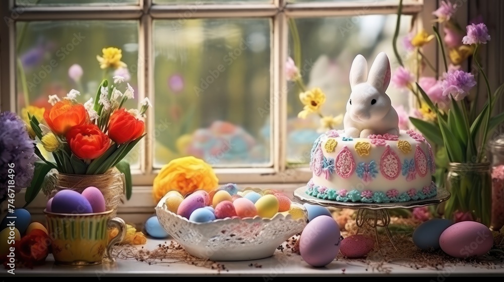 Warm and cozy composition of easter ?akes decorated with flowers and eggs