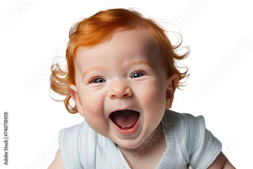 a high quality stock photograph of a happy ginger baby laughs and screams with joy isolated on white or transparant background