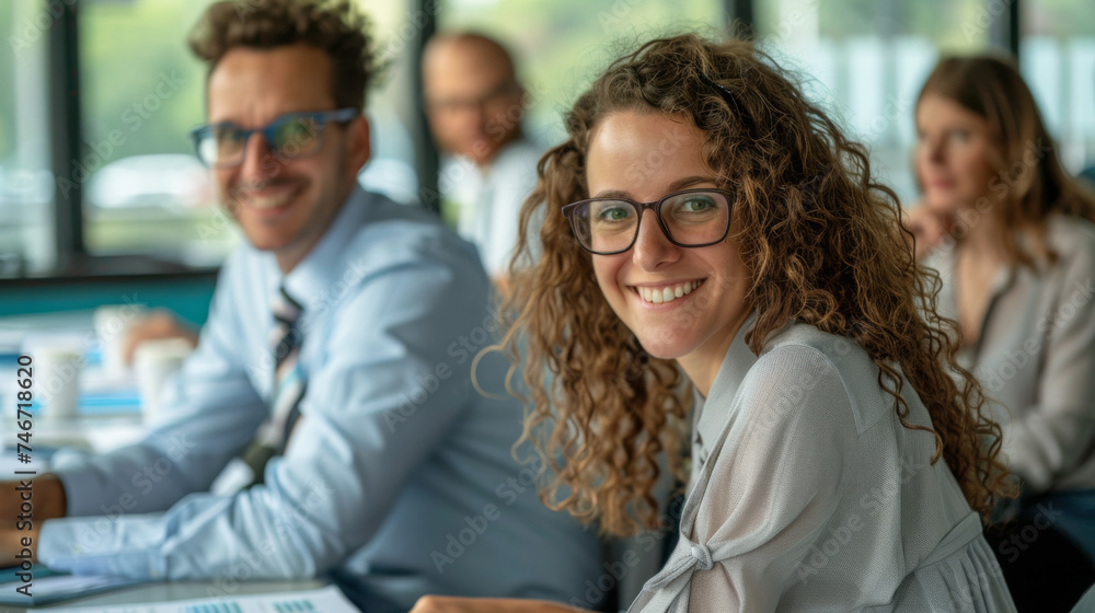 close-up of a professional woman with glasses, likely part of a diverse business team in a meeting.