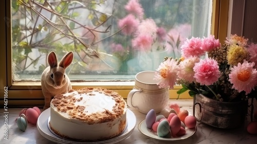 Warm and cozy composition of easter ?akes decorated with flowers and eggs