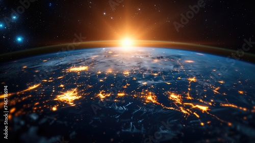 Earth's Horizon at Sunrise from Space, breathtaking view of the sun rising over the Earth's horizon in space, casting a warm glow on the planet's surface and highlighting the atmosphere against the da