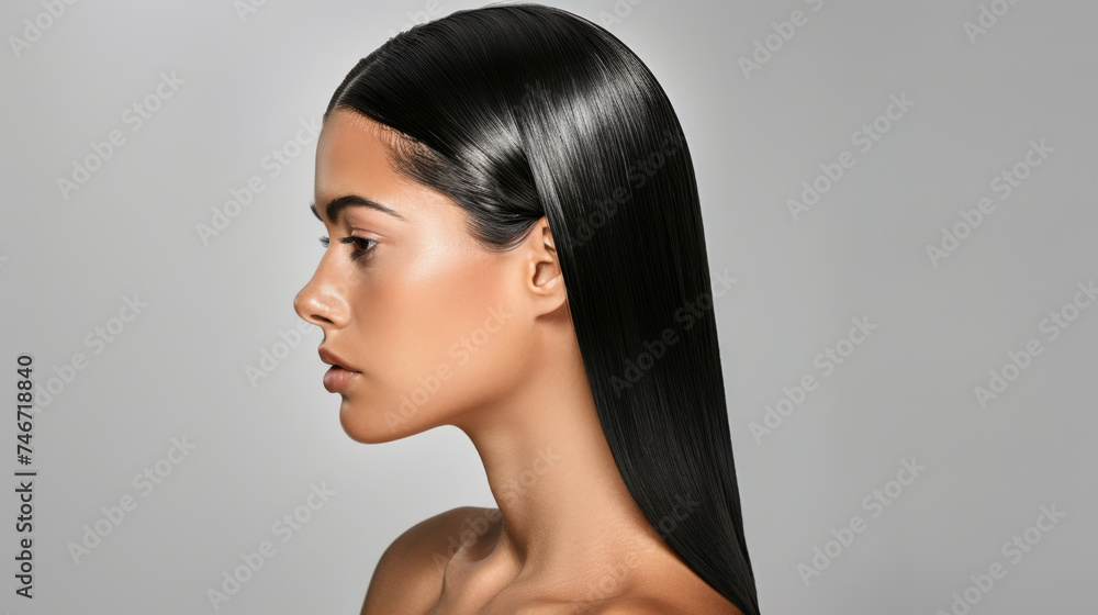 woman profiled with sleek, long, straight hair flowing to the side. woman profiled with sleek, long, straight hair flowing to the side.