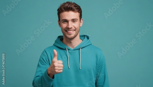 A friendly man in a teal hoodie showing his thumb up as a sign of approval and confidence. © kotlyarn