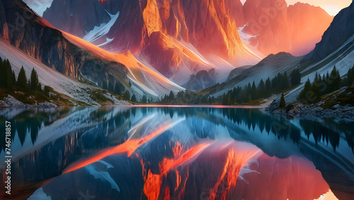 Majestic Alpine Sunrise: Awe-Inspiring Colors Dance on Rugged Peaks and Serene Lakes © Nature Canvas