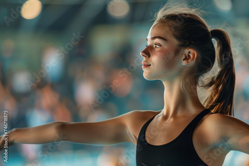 Focused female athlete in a poised stance with a blurred audience in the background