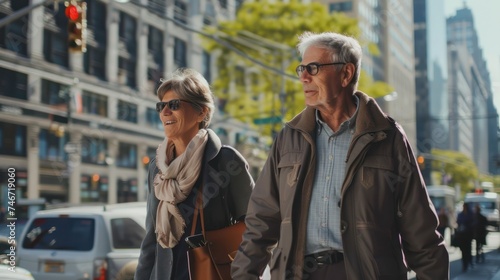 Active Aging: Energetic Senior Couple Walking Through Vibrant City Streets
