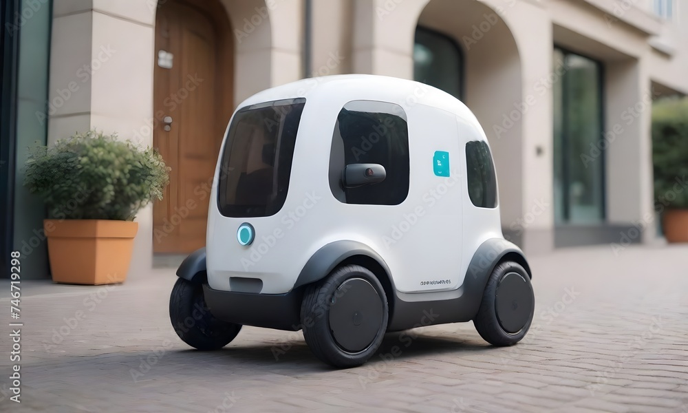 A compact, autonomous delivery vehicle parks on a city walkway, showcasing the potential of automated logistics in urban areas. AI generation