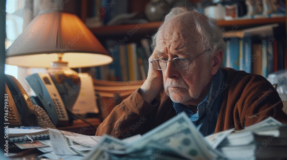 Elderly Woman with Worried Expression Staring at Medical Bills on Cluttered Desk: Financial Stress and Health Care Costs for Seniors - obrazy, fototapety, plakaty 
