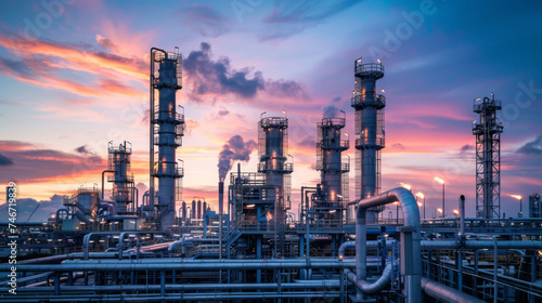 Wallpaper Mural A petrochemical refinery complex releases smoke and steam into the evening sky, illuminated by the light of a setting sun. Torontodigital.ca