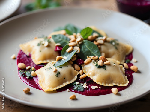 Goat cheese ravioli, served with a roasted beet and feta sauce and topped with pine nuts.