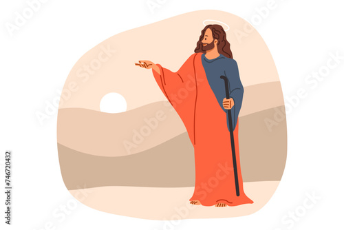 Jesus christ from bible and christian religion, stands near hills and sunset, giving parting words to followers. Messiah of catholic faith, jesus with kind expression on face extends hand forward