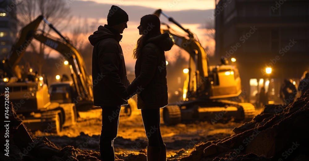 Naklejka premium couple talking with excavators on construction site at sunset stock photo, in the style of uhd image, dark yellow, site-specific, gemstone, representational, womancore, commission for