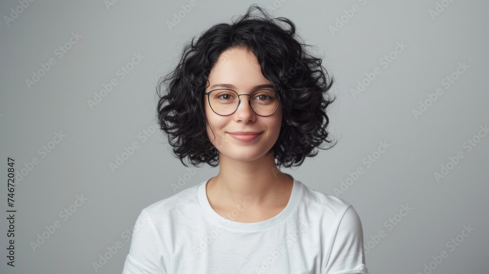A cheerful woman with red hair tied in a bun, laughing joyfully in a casual grey t-shirt, her freckles and bright expression conveying happiness. - obrazy, fototapety, plakaty 