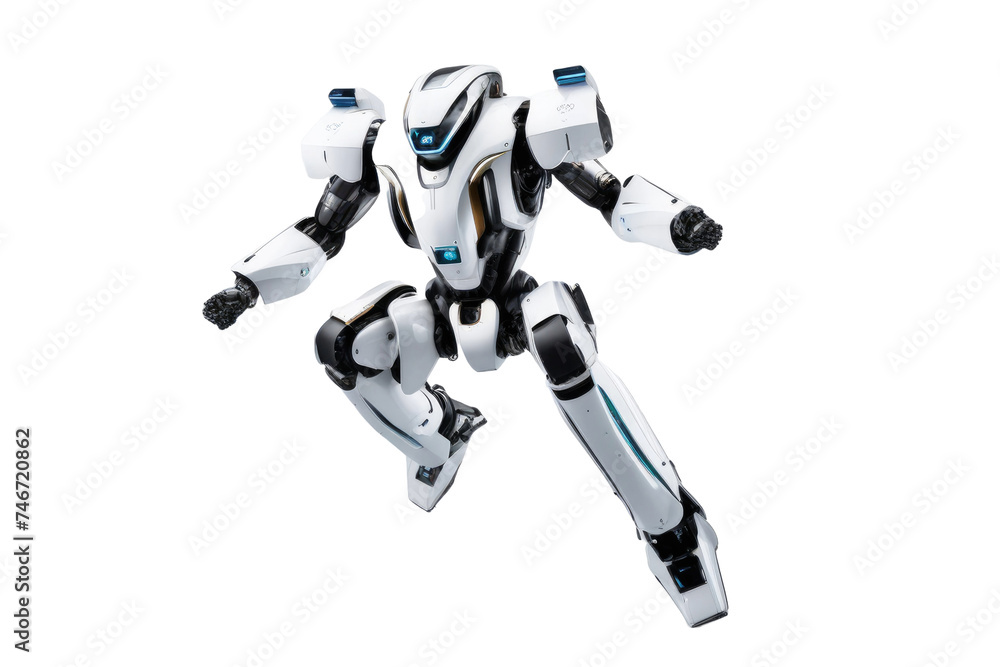 a high quality stock photograph of a single jumping ai robot full body isolated on a white background a high quality stock photograph of a single jumping ai robot full body isolated on a white background