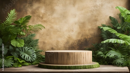 Empty product podium in tropical forest with tropical leaves for product presentation and bright, pastel background. 