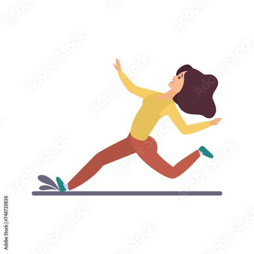 Woman running on wet road, slipping in puddle and falling down vector illustration