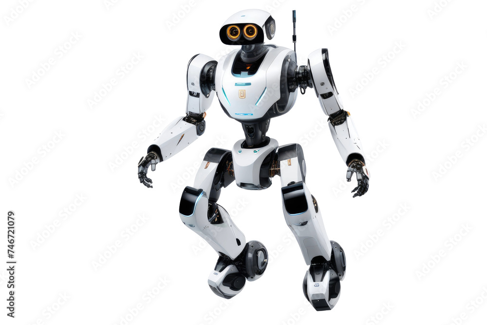 a high quality stock photograph of a single jumping ai robot full body isolated on a white background a high quality stock photograph of a single jumping ai robot full body isolated on a white background