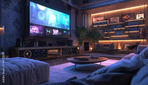 an AI-generated image of a high-tech living room setup with a large TV. Consider the placement of smart home devices and integration of futuristic design elements
