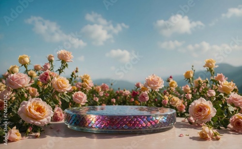 Product podium for product presentation and display with garden summer and spring flowers, floral summer background podium for cosmetic, with nature in the background. Generating AI