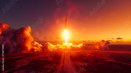 Majestic Nighttime Rocket Launch Illuminating the Sky created with Generative AI technology
