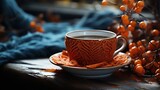 cup Of coffee in cute cup knitted sweater, rustic scenes