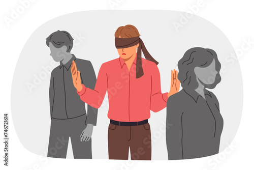 Blindfolded man wanders among colleagues, feeling insecure due to lack of professional qualifications. Blindfolded guy stands out from crowd needs help regaining spatial orientation.