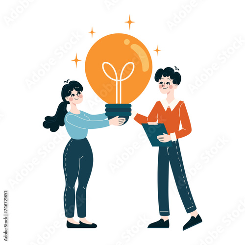 Two professionals holding a giant light bulb, symbolizing joint creativity and innovation