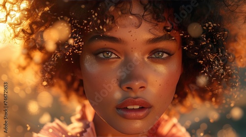 Ethereal Beauty in Sunset Light, portrait capturing an African American woman's serene beauty, surrounded by the warm glow of a sunset, invoking a sense of peace and natural elegance